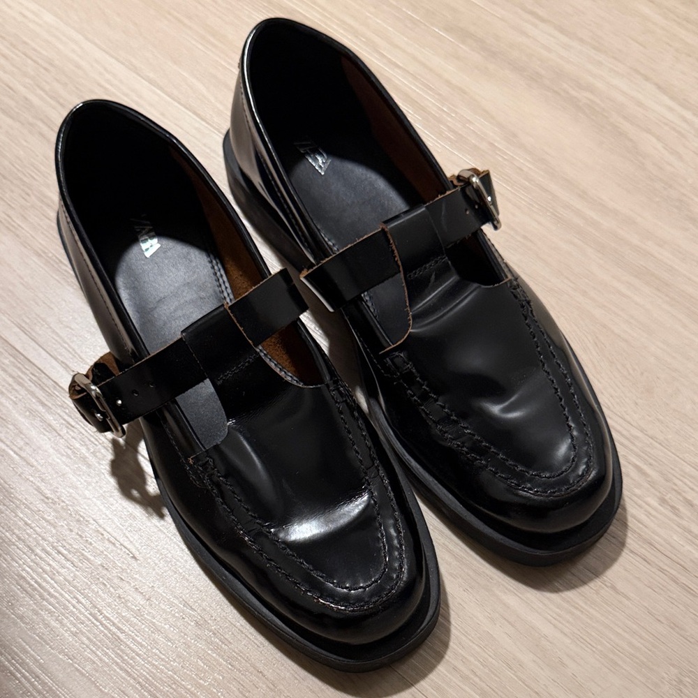 Zara Black Leather Mary Jane Loafers